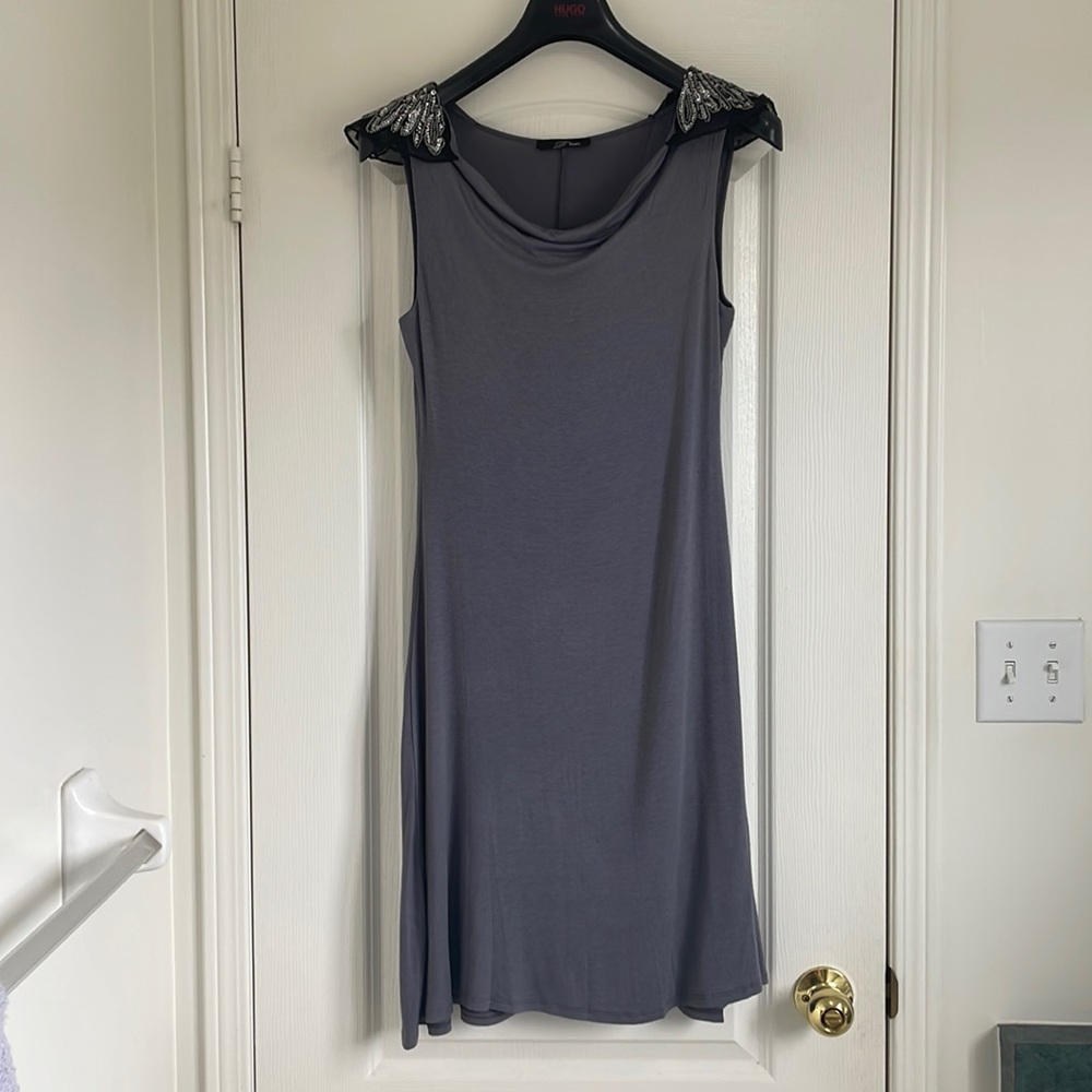 Vintage inspired Charcoal Jersey dress with embellished shoulder pad detailing